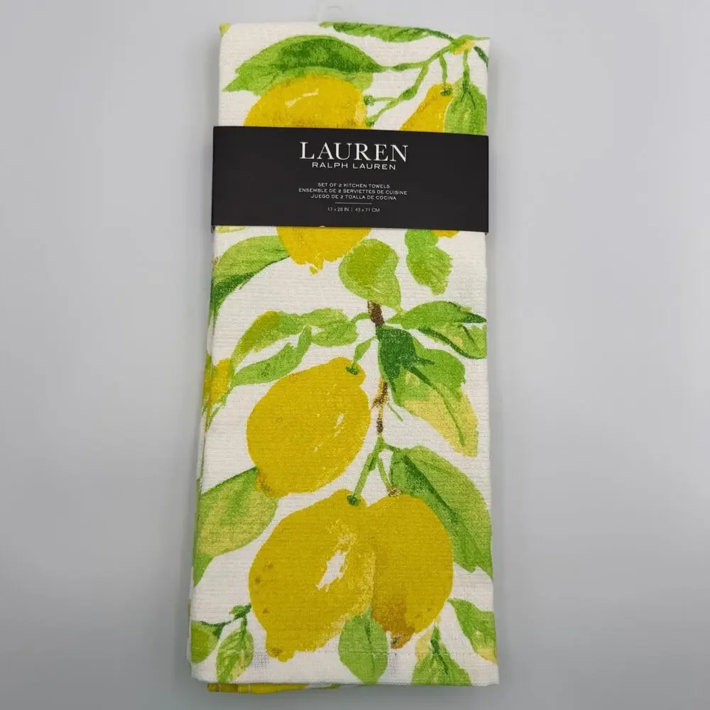 Lauren Ralph Lauren Kitchen Towels White Yellow Lemons Set of 2 Cotton 17x28 NWT